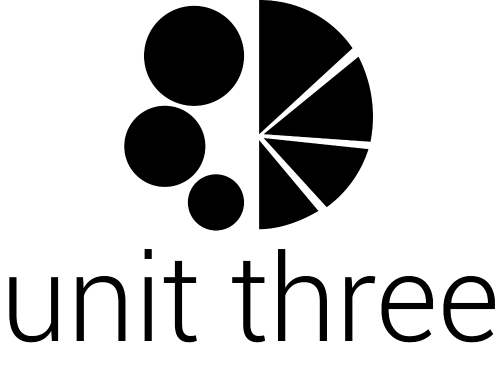 Logo of 'unit three' with black circular and wedge design on a white background